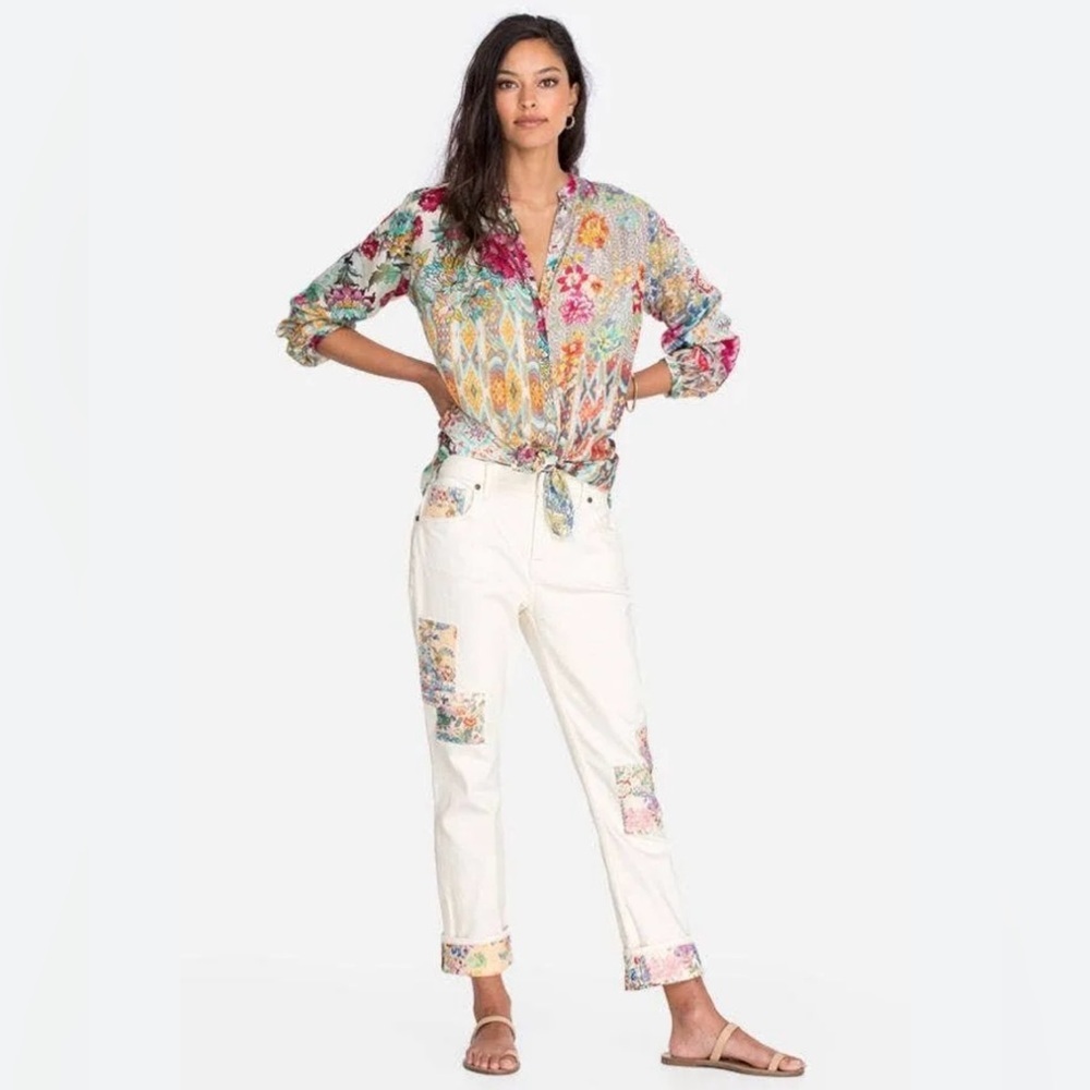 EUC Johnny Was- DREAMER PATCHWORK CROPPED BOYFRIEND JEAN IN OFF WHITE. Size 30